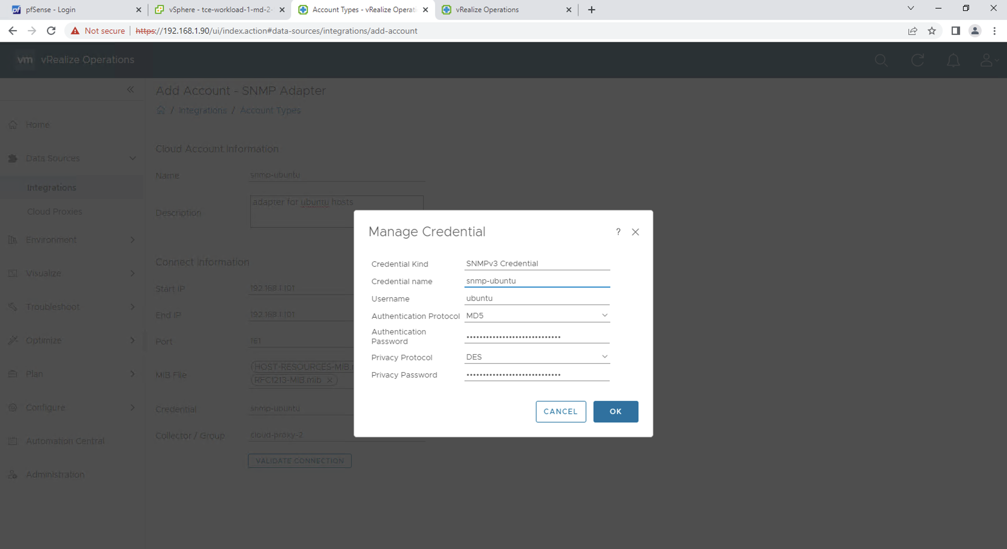 SNMP Adapter credentials